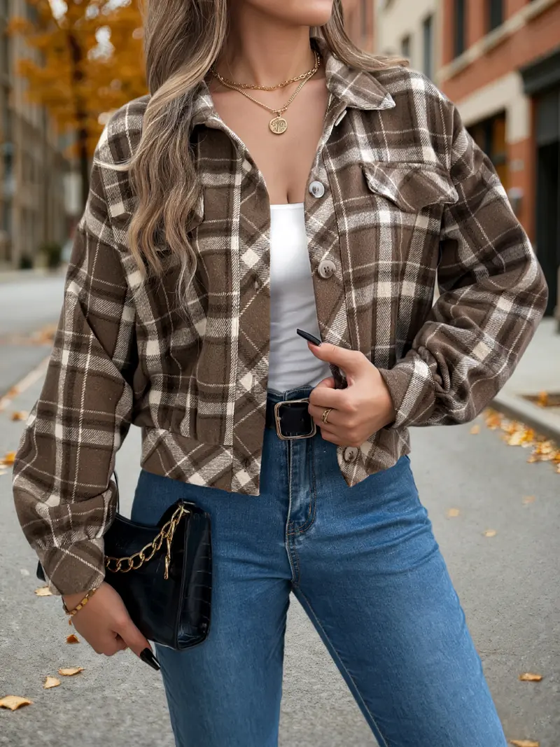 Women’s Plaid Long-Sleeve Jacket – Cozy Casual Outerwear for Fall & Winter