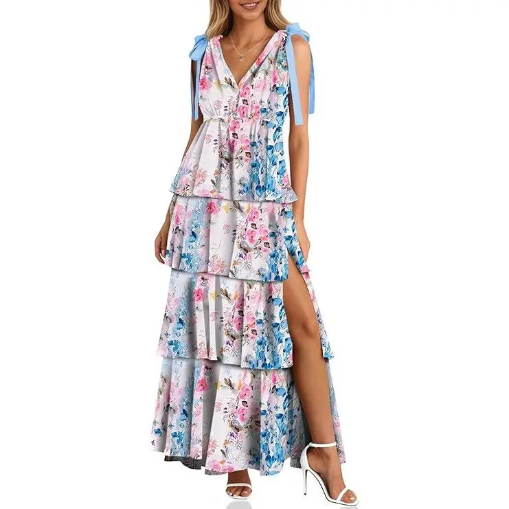 Women’s Boho Floral Tie-Shoulder Tiered Maxi Dress