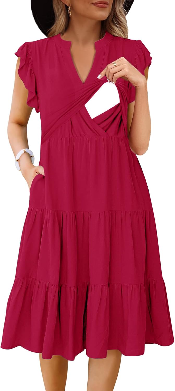 CzzzyL Womens Nursing Midi Dress Breastfeeding Sleeveless Tiered Pockets | Summer V Neck Beach Sundress Ruffle Maternity A Line