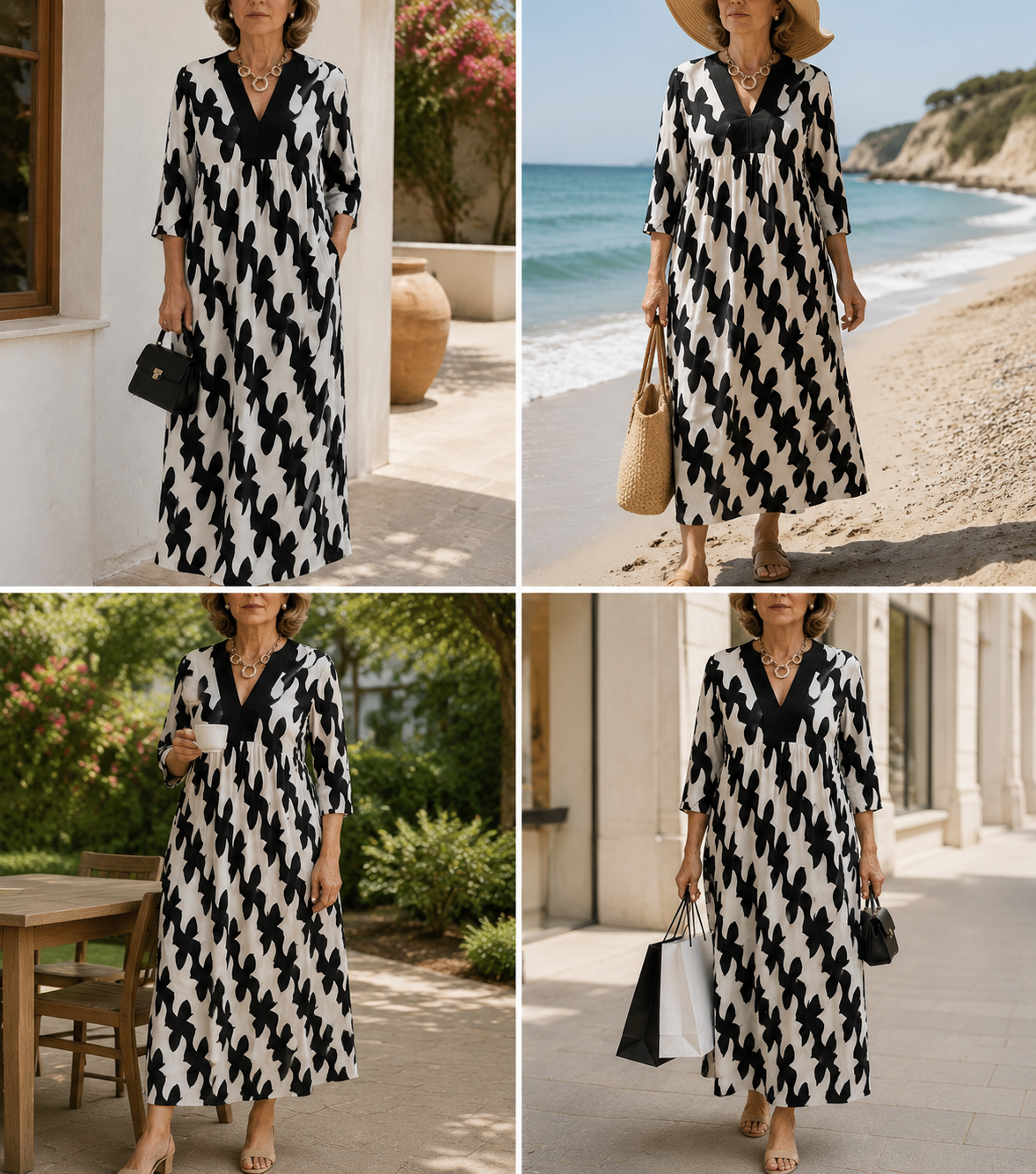 Elegant Art Print Color Block Trim V-neck Midi Dress
