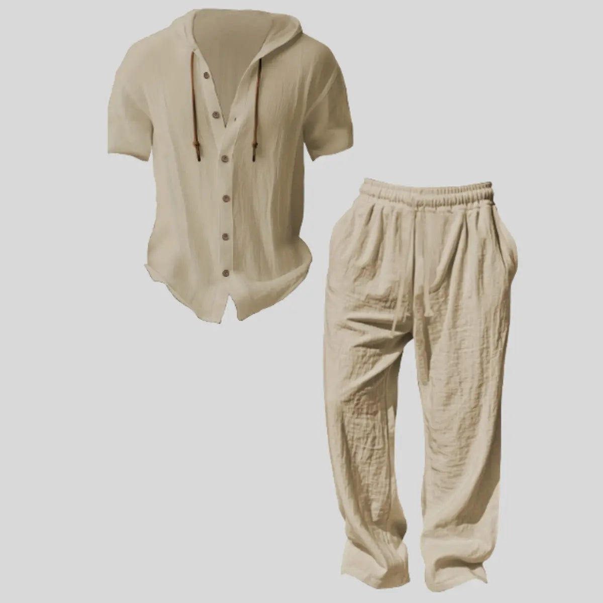 Men's Cooling Linen Blend Hooded Short Sleeve Shirt & Pants Set