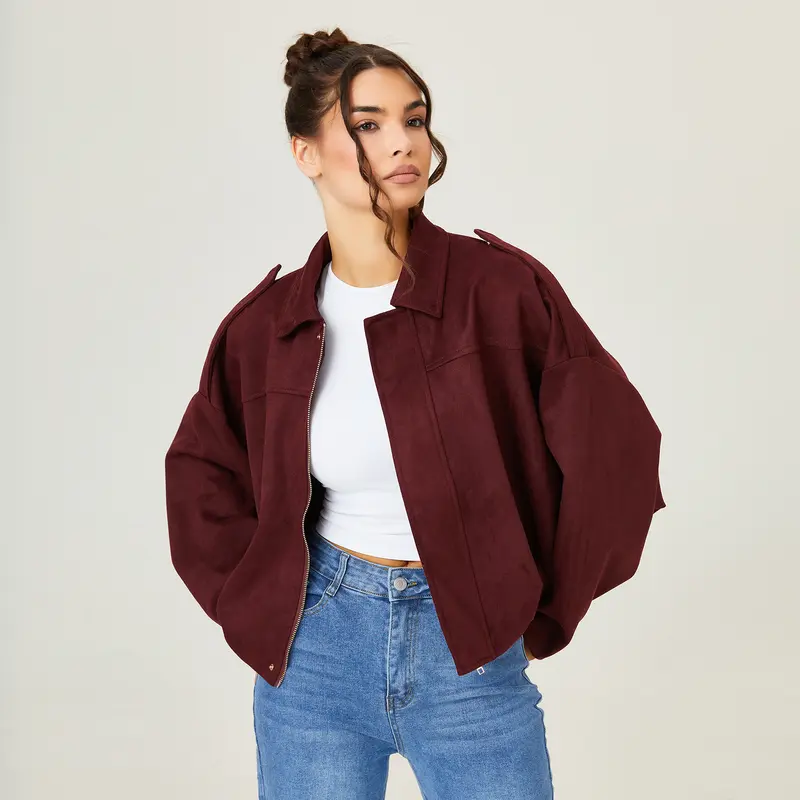 Women's Suede-Look Oversized Bomber Jacket for Fall & Winter