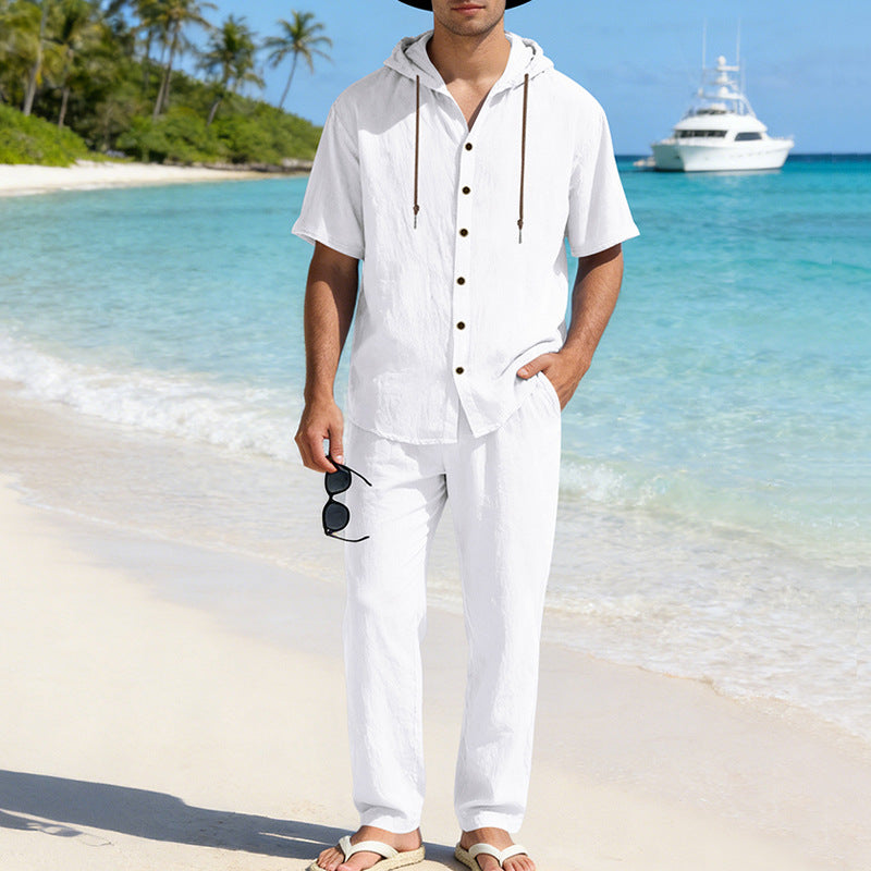 Men's Cooling Linen Blend Hooded Short Sleeve Shirt & Pants Set