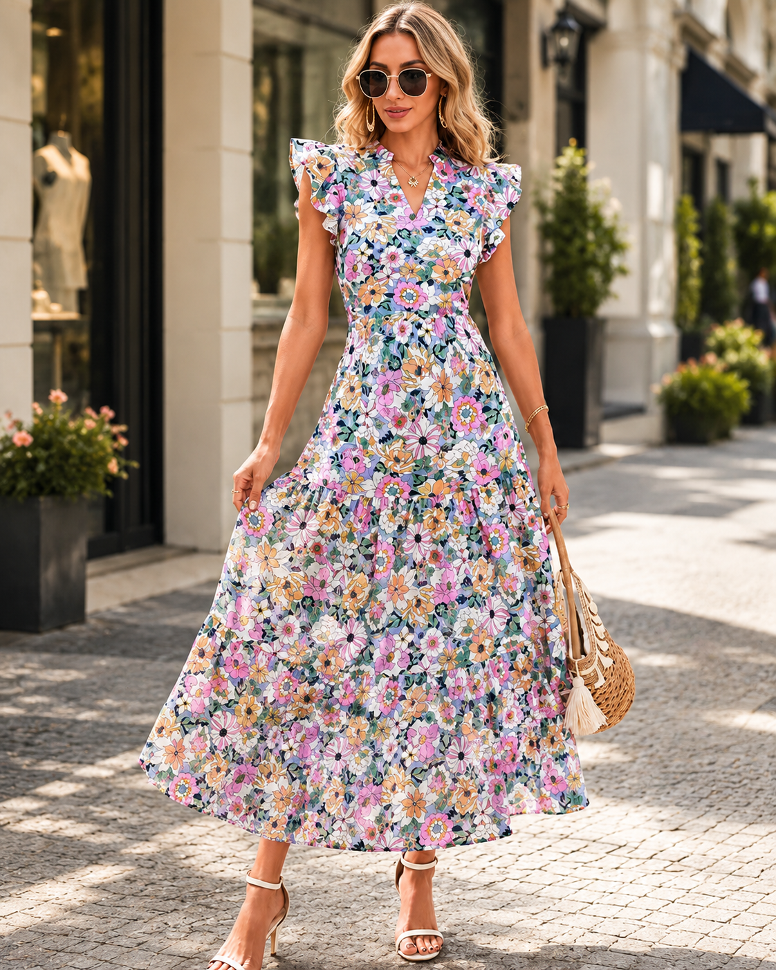Women's Summer Boho Floral Flowy Midi Dresses