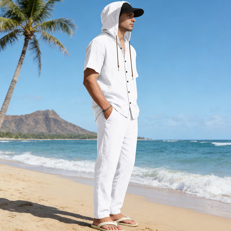 Men's Cooling Linen Blend Hooded Short Sleeve Shirt & Pants Set