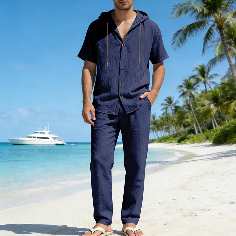 Men's Cooling Linen Blend Hooded Short Sleeve Shirt & Pants Set