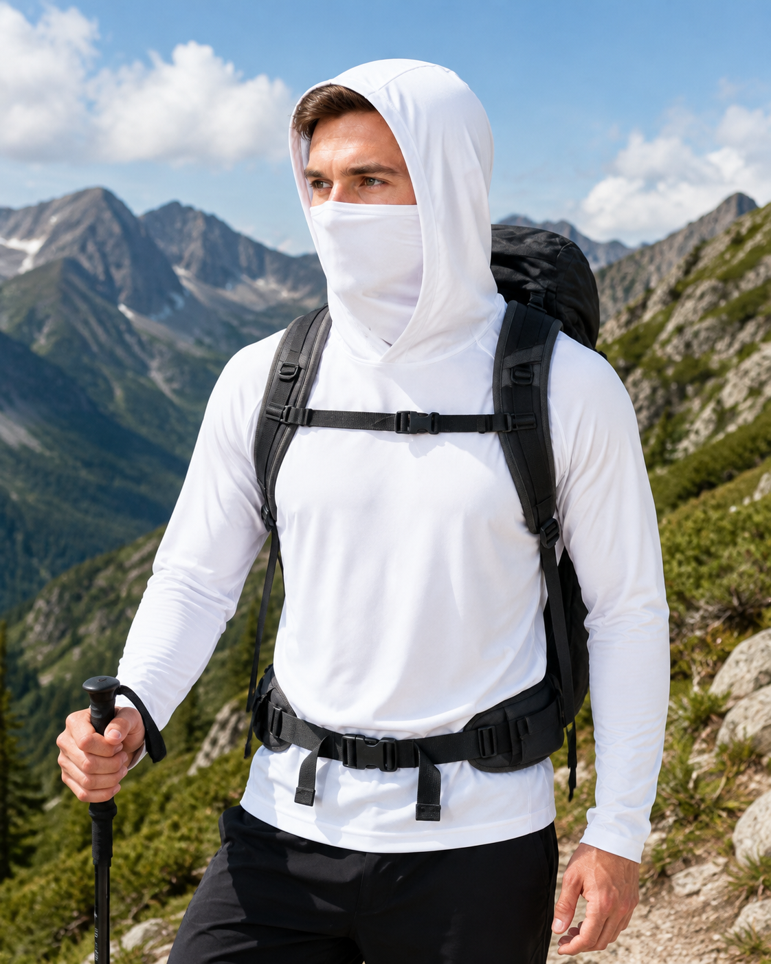 Men's  Long-Sleeve Sun-Ice Silk Protection Hoodie (with Sleeve Pocket and Face Mask)