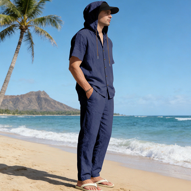 Men's Cooling Linen Blend Hooded Short Sleeve Shirt & Pants Set