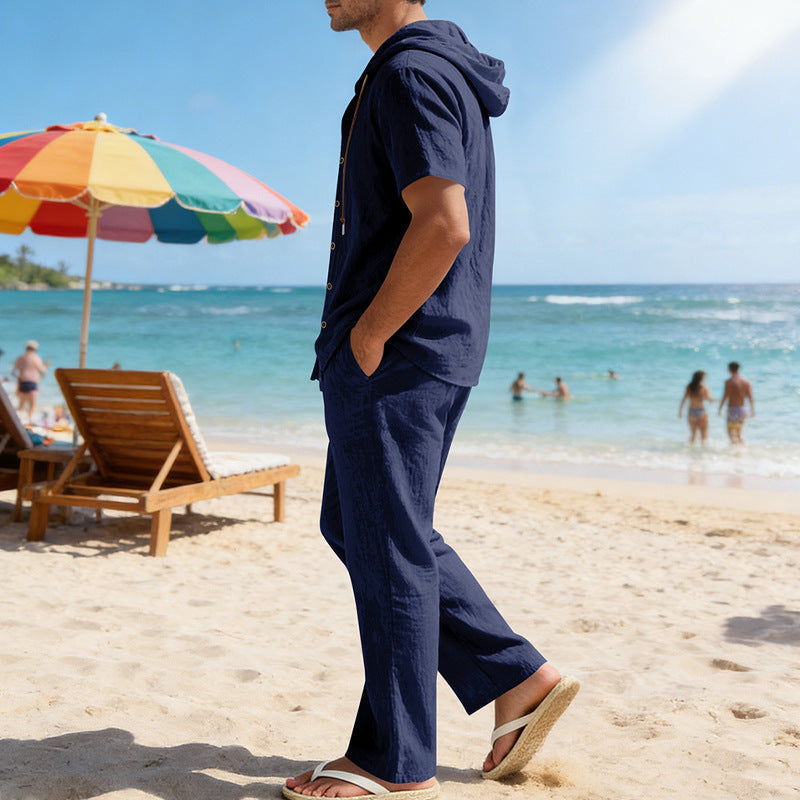 Men's Cooling Linen Blend Hooded Short Sleeve Shirt & Pants Set