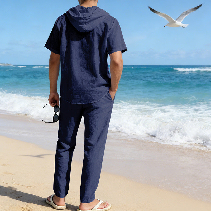 Men's Cooling Linen Blend Hooded Short Sleeve Shirt & Pants Set