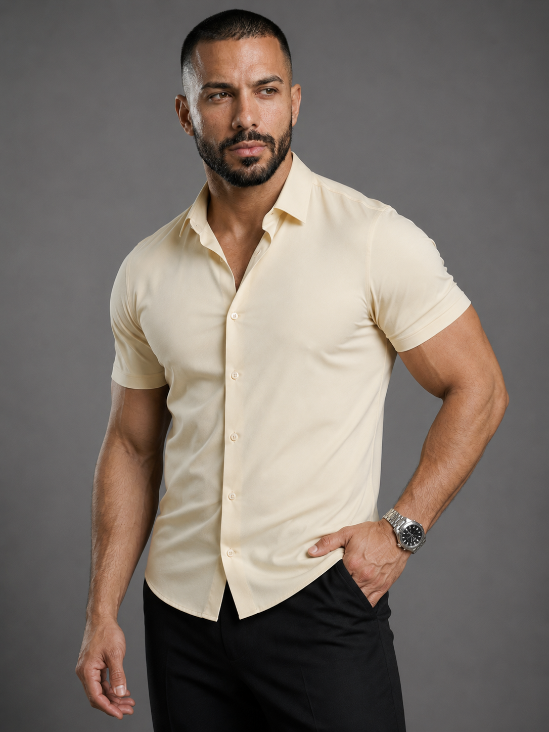 Men's Comfortable Stretch Dress Shirt - Flattering Fit For All Body Types, Short Sleeve Casual Shirt