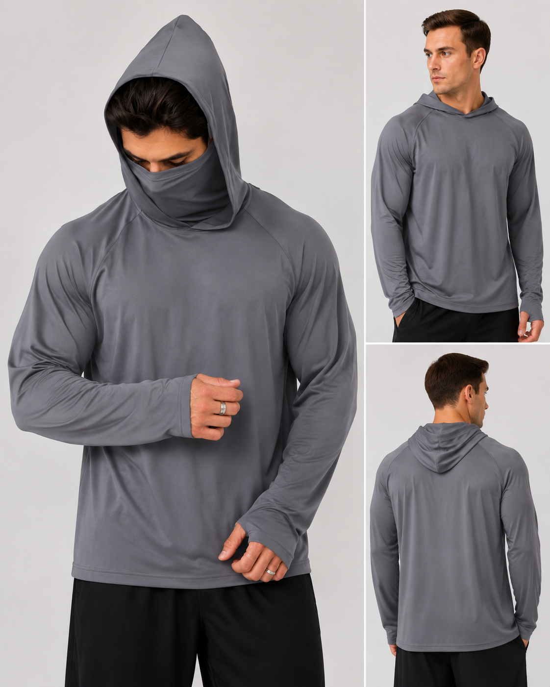 Men's  Long-Sleeve Sun-Ice Silk Protection Hoodie (with Sleeve Pocket and Face Mask)
