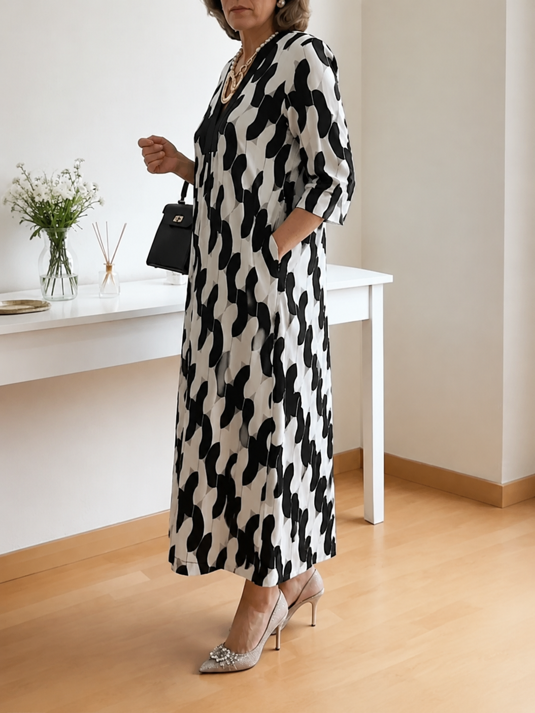 Elegant Art Print Color Block Trim V-neck Midi Dress