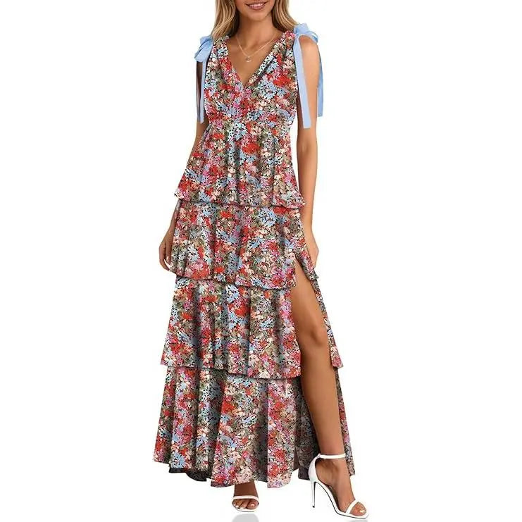 Women’s Boho Floral Tie-Shoulder Tiered Maxi Dress