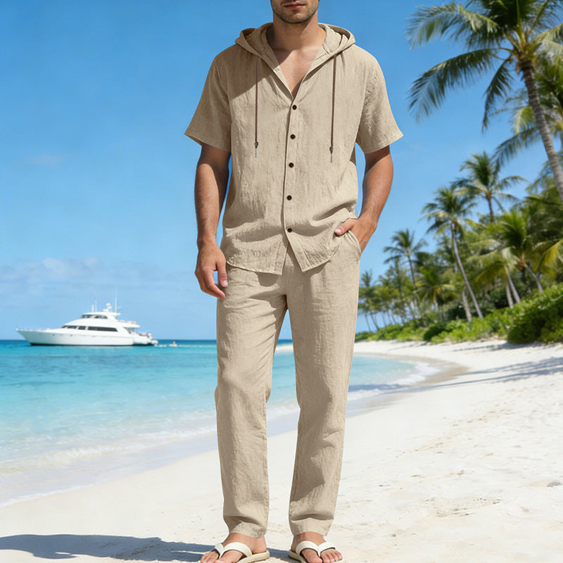 Men's Cooling Linen Blend Hooded Short Sleeve Shirt & Pants Set