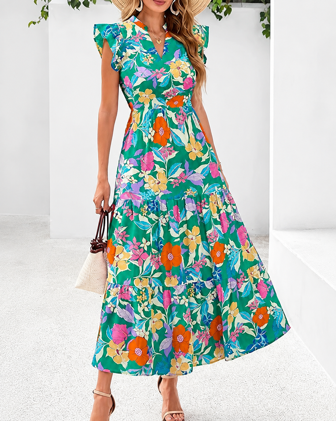 Women's Summer Boho Floral Flowy Midi Dresses