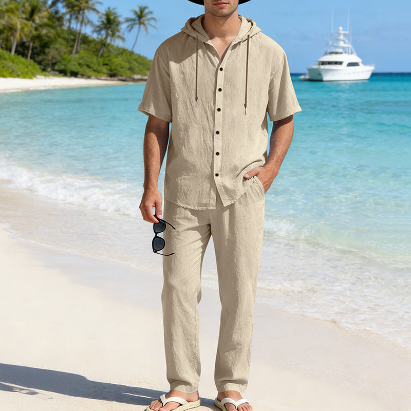 Men's Cooling Linen Blend Hooded Short Sleeve Shirt & Pants Set