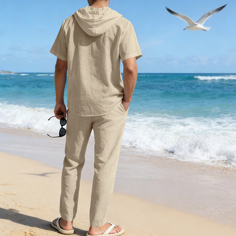 Men's Cooling Linen Blend Hooded Short Sleeve Shirt & Pants Set