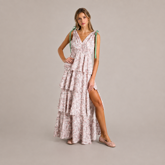Women’s Boho Floral Tie-Shoulder Tiered Maxi Dress