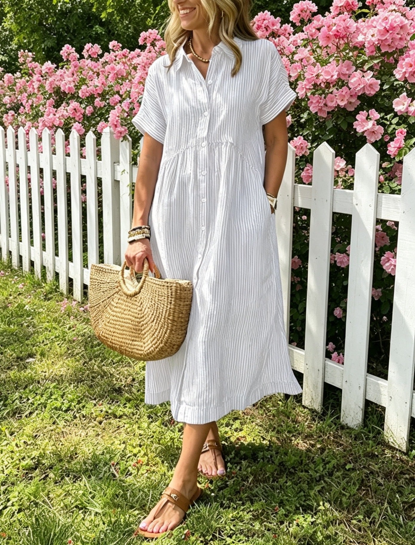 Women's Summer Striped Midi Long Shirt Dress Casual Loose Short Sleeve Button Down Dress