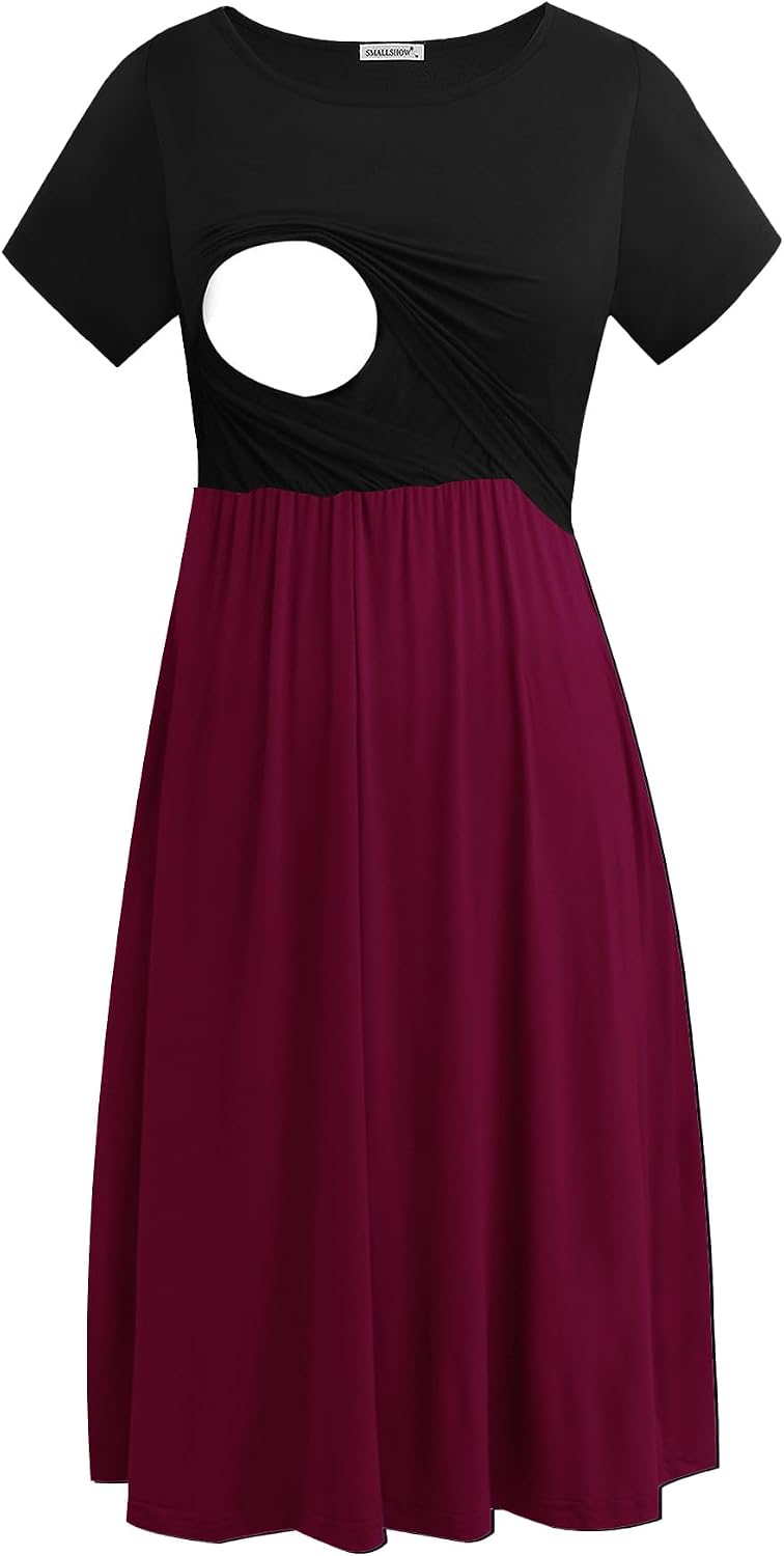 Smallshow Women's Short Sleeve Patchwork Nursing Dresses for Breastfeeding