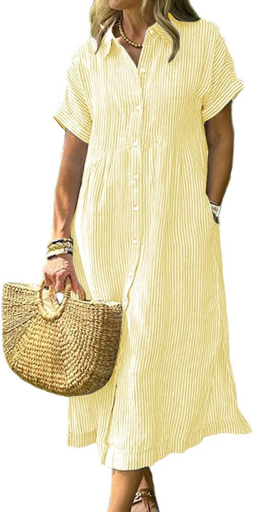 Women's Summer Striped Midi Long Shirt Dress Casual Loose Short Sleeve Button Down Dress