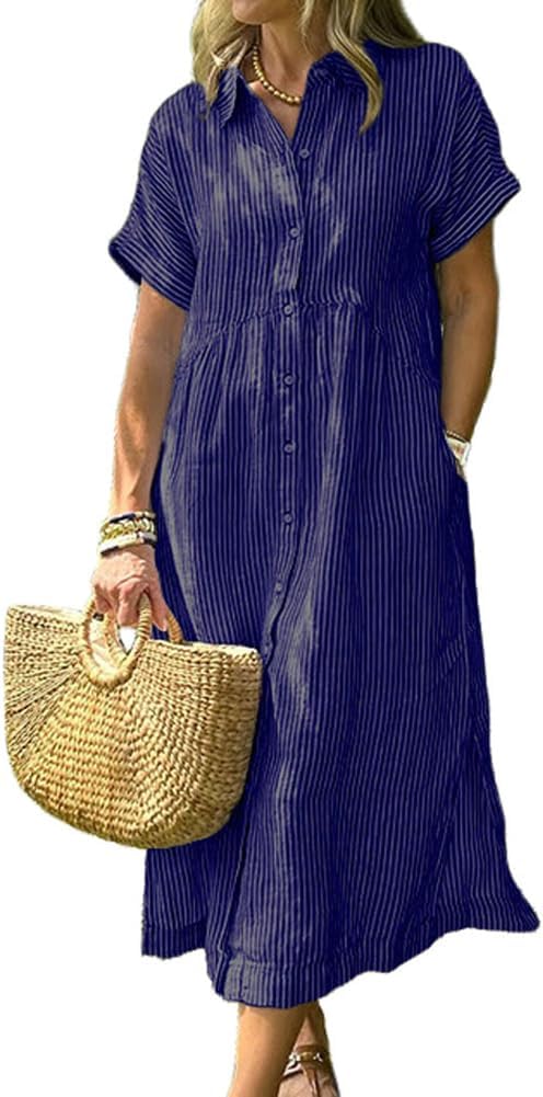 Women's Summer Striped Midi Long Shirt Dress Casual Loose Short Sleeve Button Down Dress
