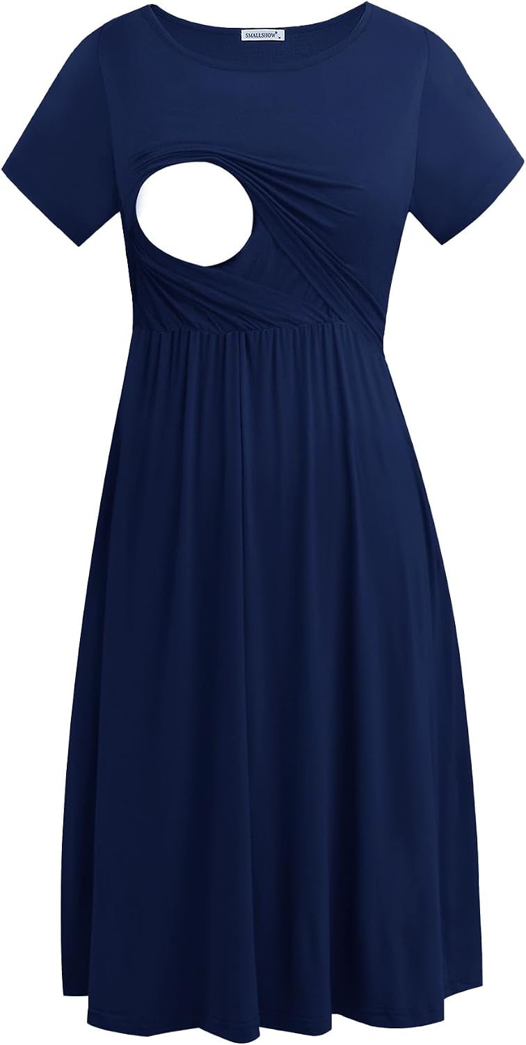 Smallshow Women's Short Sleeve Patchwork Nursing Dresses for Breastfeeding