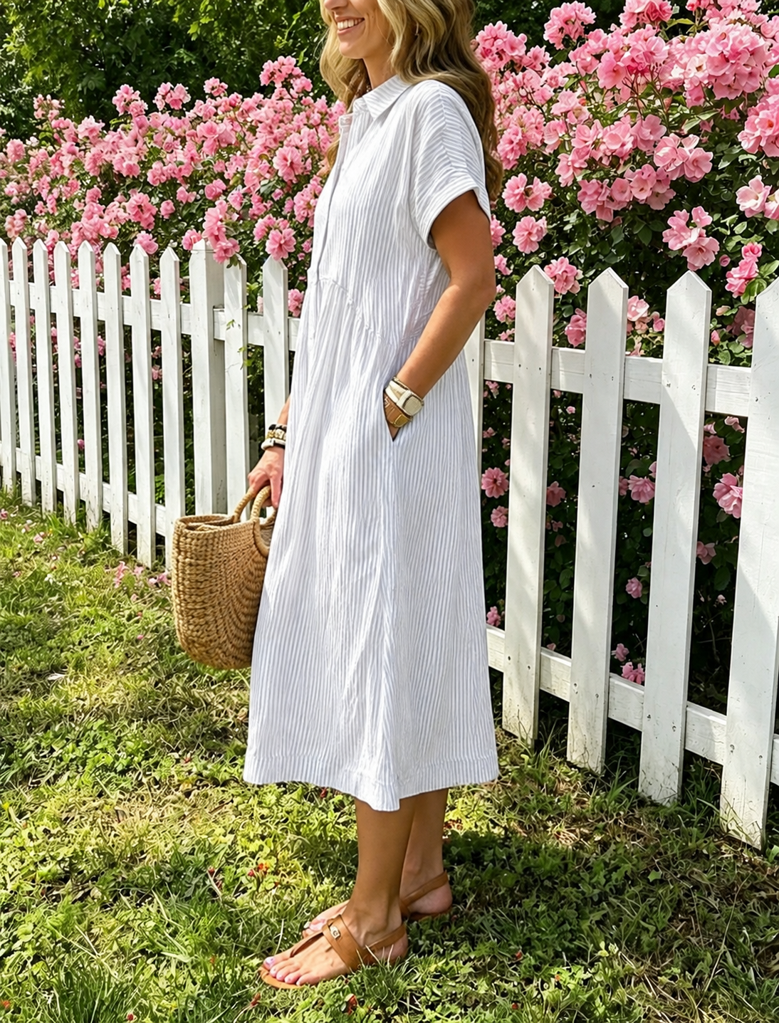 Women's Summer Striped Midi Long Shirt Dress Casual Loose Short Sleeve Button Down Dress