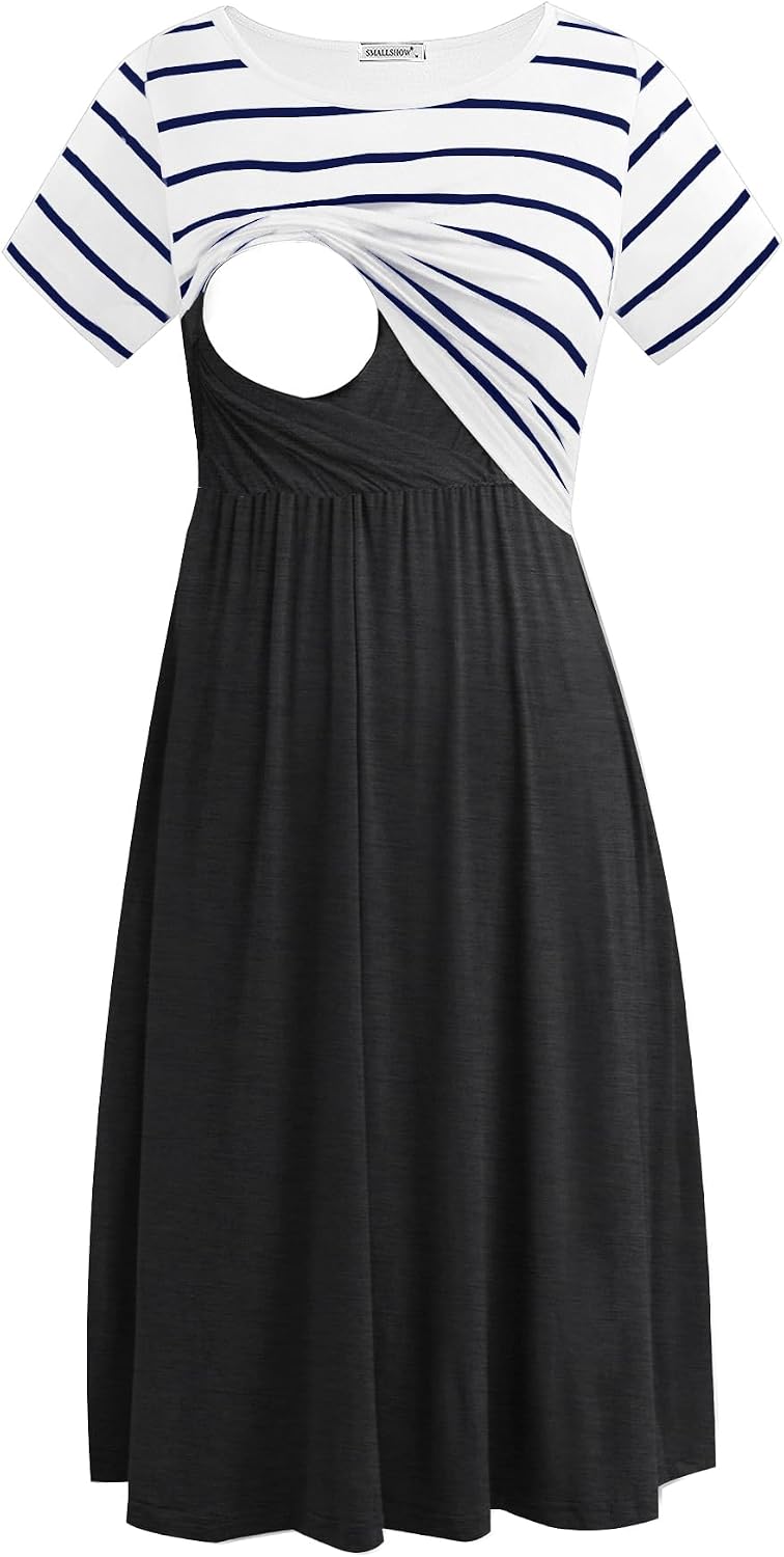 Smallshow Women's Short Sleeve Patchwork Nursing Dresses for Breastfeeding