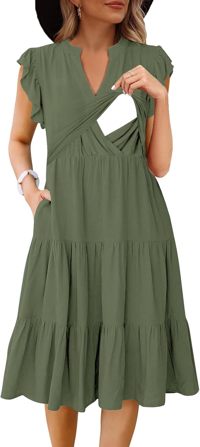 CzzzyL Womens Nursing Midi Dress Breastfeeding Sleeveless Tiered Pockets | Summer V Neck Beach Sundress Ruffle Maternity A Line