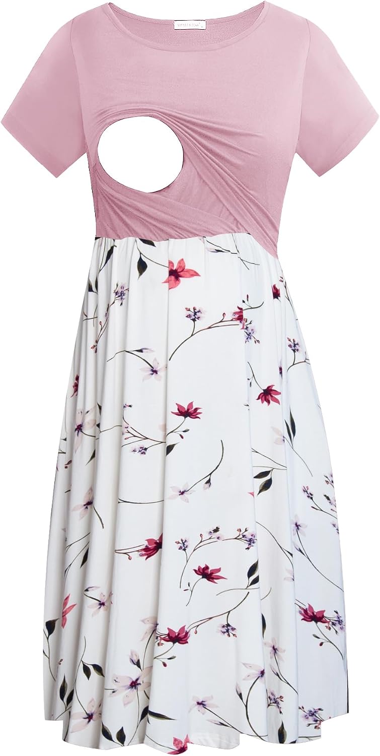 Smallshow Women's Short Sleeve Patchwork Nursing Dresses for Breastfeeding