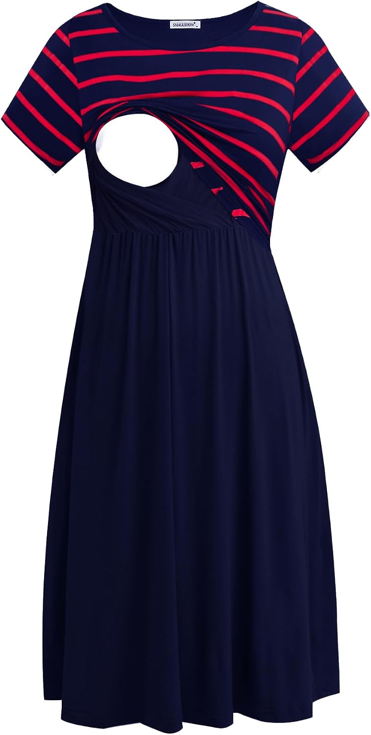 Smallshow Women's Short Sleeve Patchwork Nursing Dresses for Breastfeeding