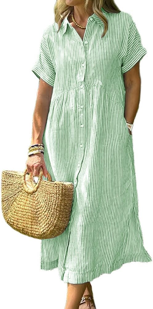 Women's Summer Striped Midi Long Shirt Dress Casual Loose Short Sleeve Button Down Dress