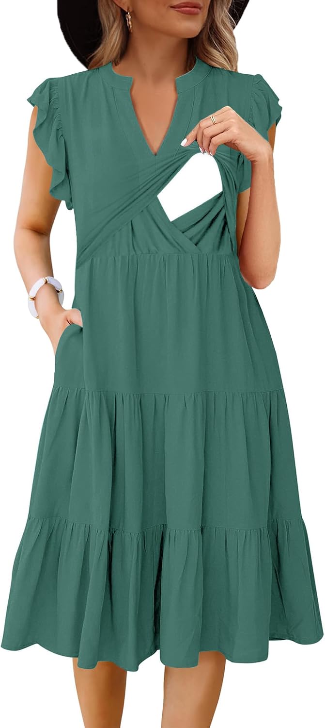 CzzzyL Womens Nursing Midi Dress Breastfeeding Sleeveless Tiered Pockets | Summer V Neck Beach Sundress Ruffle Maternity A Line