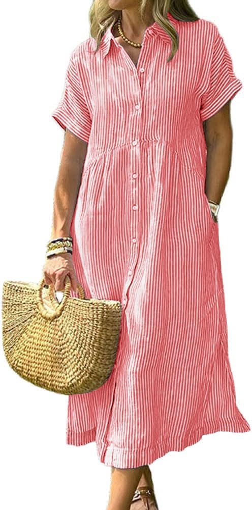 Women's Summer Striped Midi Long Shirt Dress Casual Loose Short Sleeve Button Down Dress