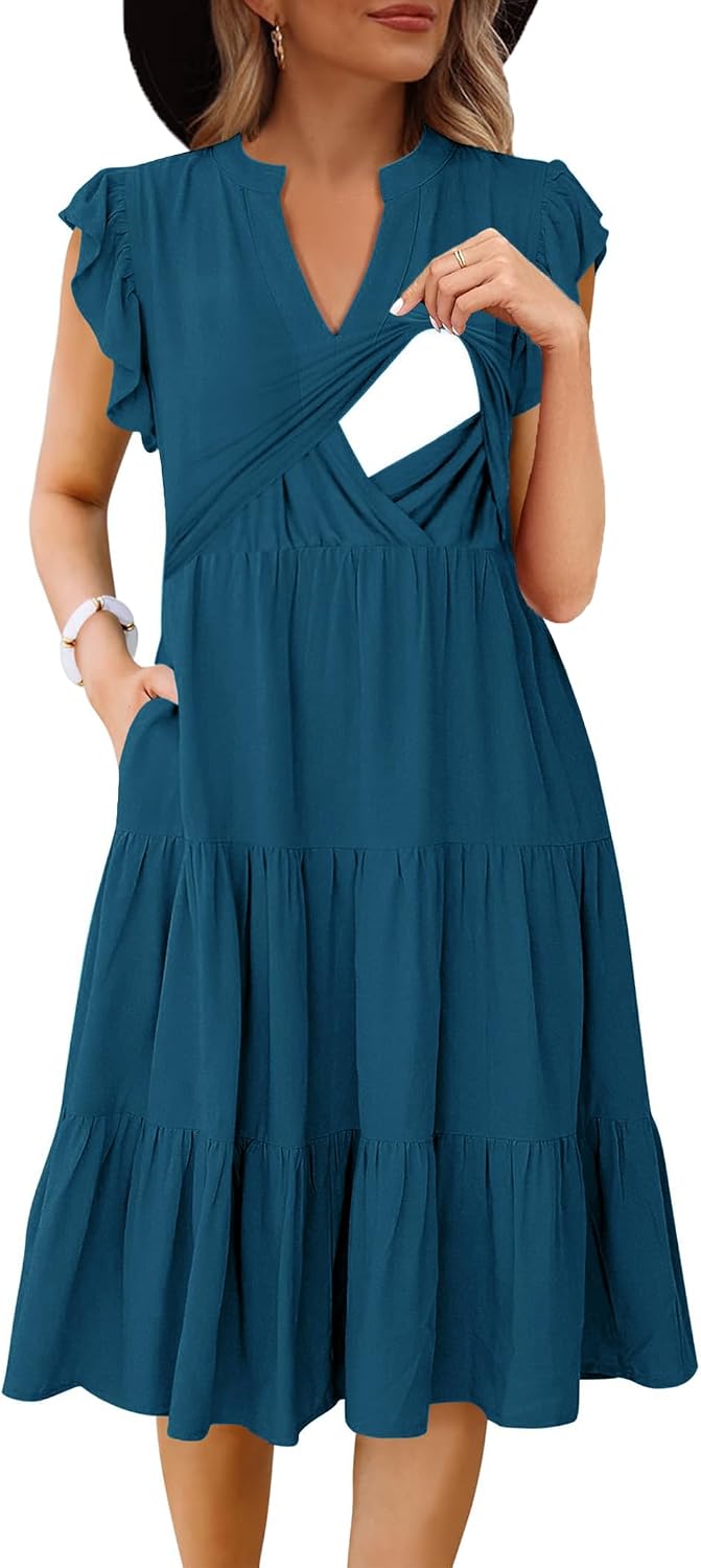 CzzzyL Womens Nursing Midi Dress Breastfeeding Sleeveless Tiered Pockets | Summer V Neck Beach Sundress Ruffle Maternity A Line