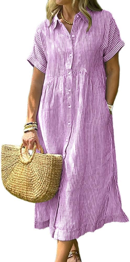 Women's Summer Striped Midi Long Shirt Dress Casual Loose Short Sleeve Button Down Dress