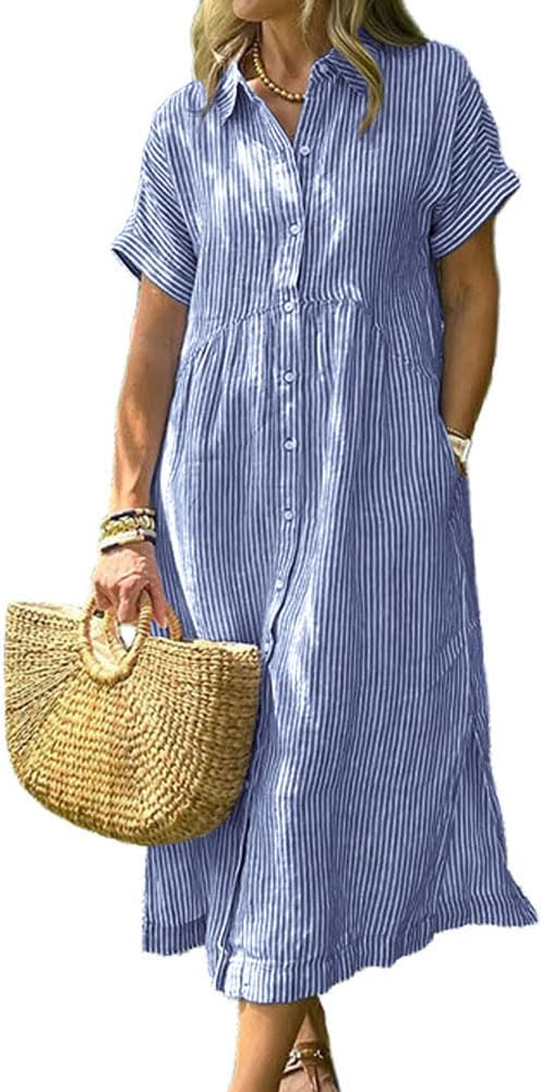 Women's Summer Striped Midi Long Shirt Dress Casual Loose Short Sleeve Button Down Dress