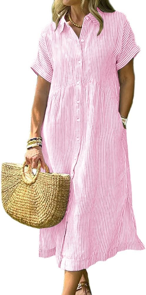 Women's Summer Striped Midi Long Shirt Dress Casual Loose Short Sleeve Button Down Dress