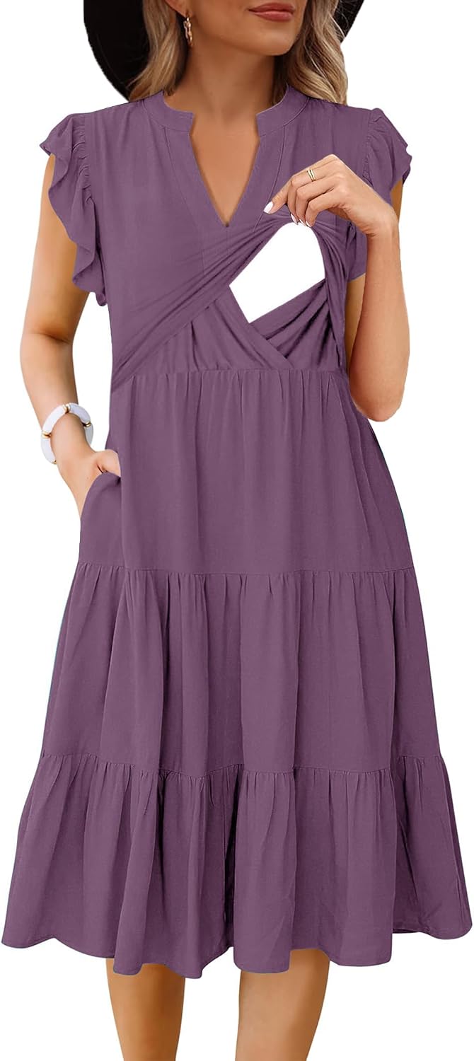 CzzzyL Womens Nursing Midi Dress Breastfeeding Sleeveless Tiered Pockets | Summer V Neck Beach Sundress Ruffle Maternity A Line