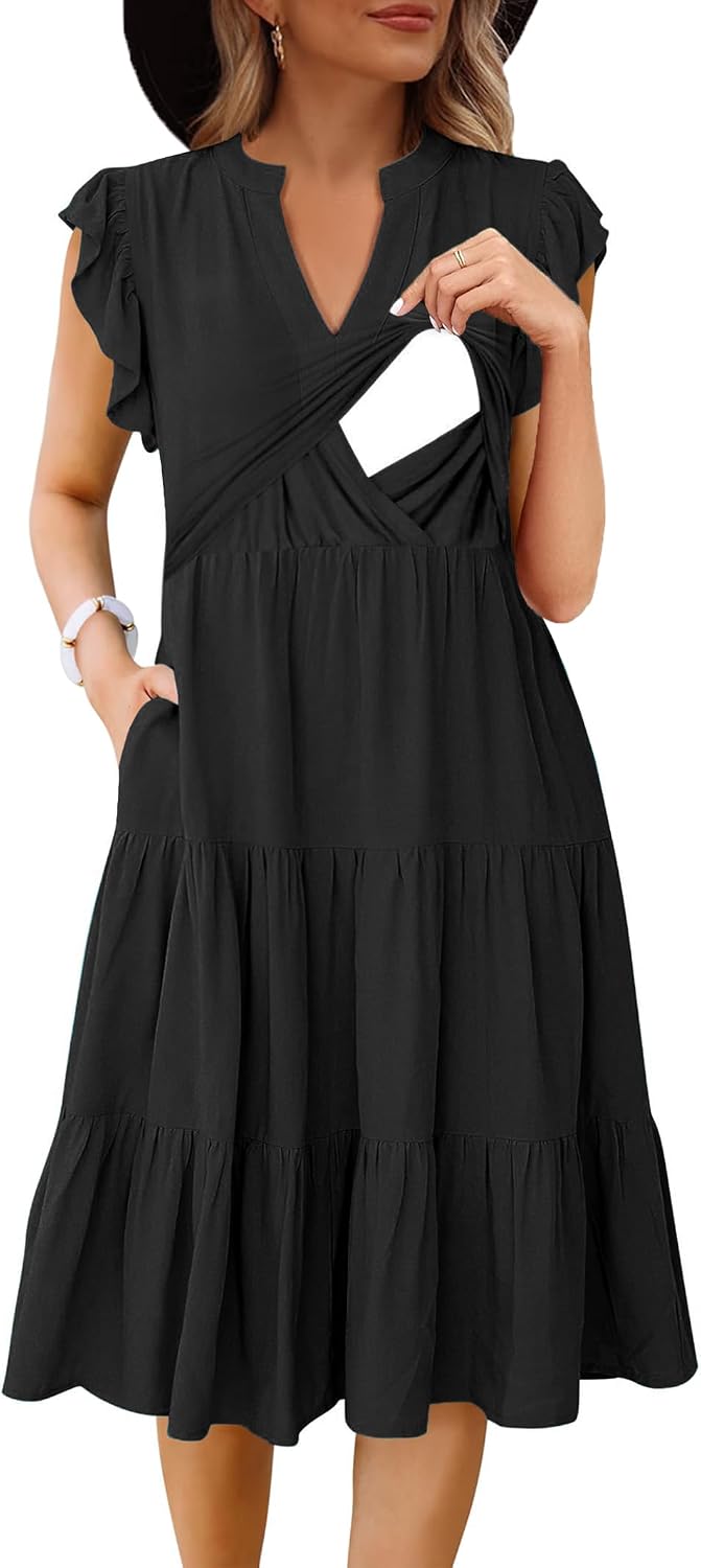 CzzzyL Womens Nursing Midi Dress Breastfeeding Sleeveless Tiered Pockets | Summer V Neck Beach Sundress Ruffle Maternity A Line