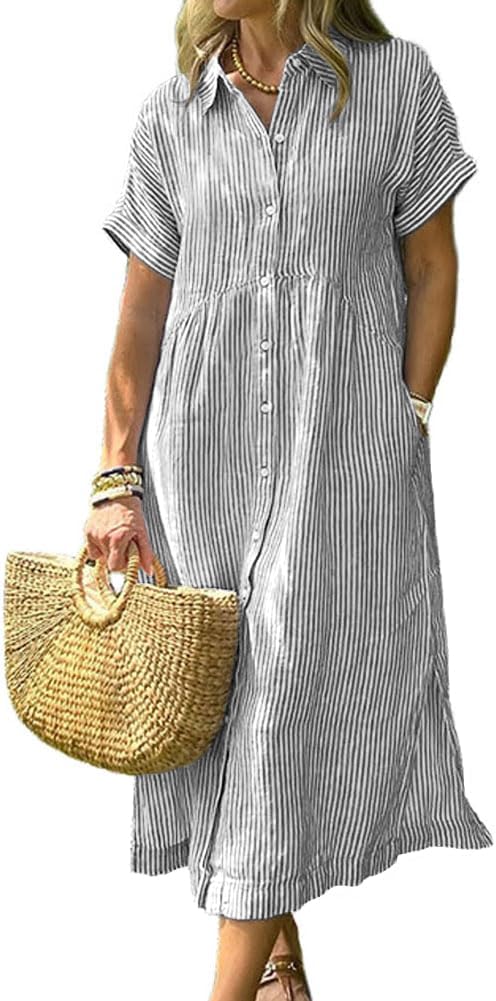 Women's Summer Striped Midi Long Shirt Dress Casual Loose Short Sleeve Button Down Dress