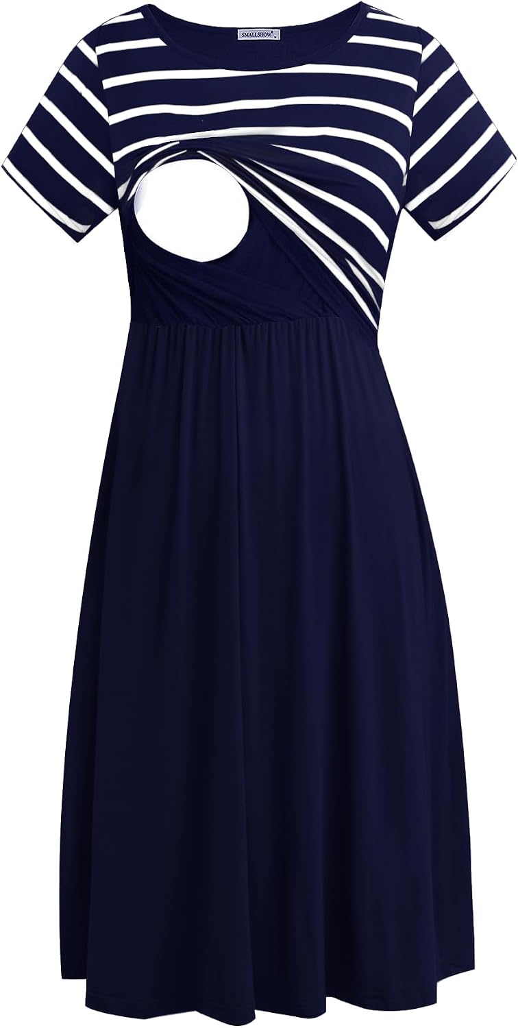 Smallshow Women's Short Sleeve Patchwork Nursing Dresses for Breastfeeding