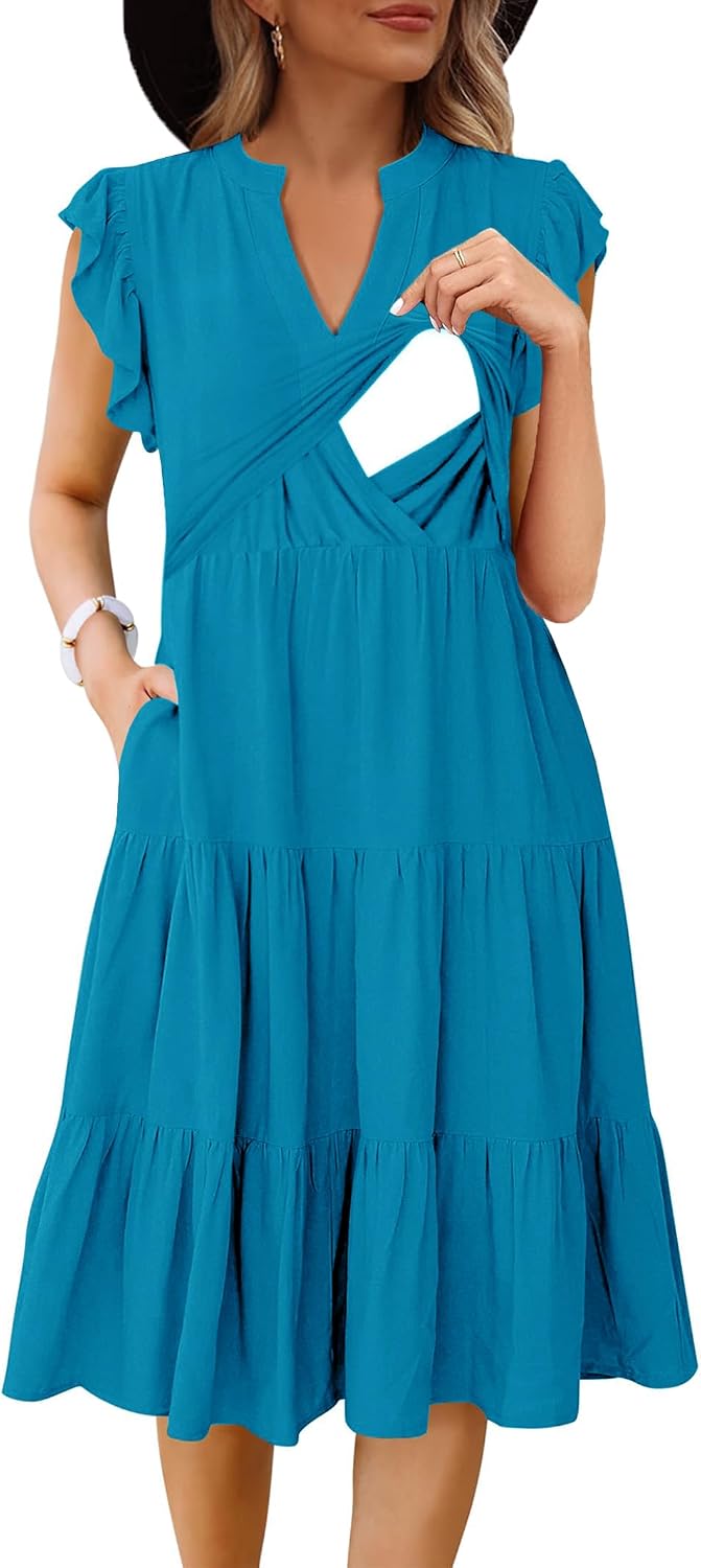 CzzzyL Womens Nursing Midi Dress Breastfeeding Sleeveless Tiered Pockets | Summer V Neck Beach Sundress Ruffle Maternity A Line