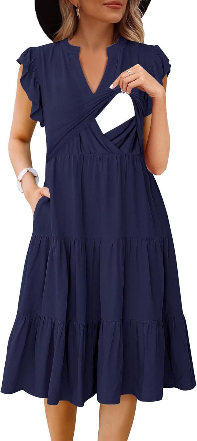 CzzzyL Womens Nursing Midi Dress Breastfeeding Sleeveless Tiered Pockets | Summer V Neck Beach Sundress Ruffle Maternity A Line