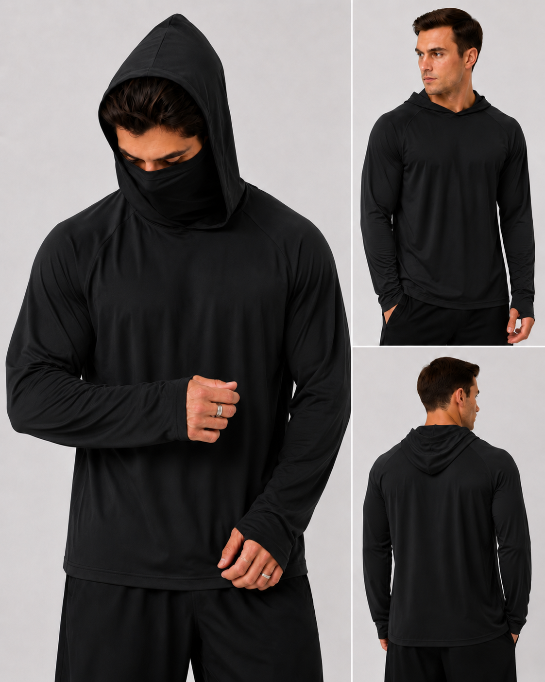 Men's  Long-Sleeve Sun-Ice Silk Protection Hoodie (with Sleeve Pocket and Face Mask)