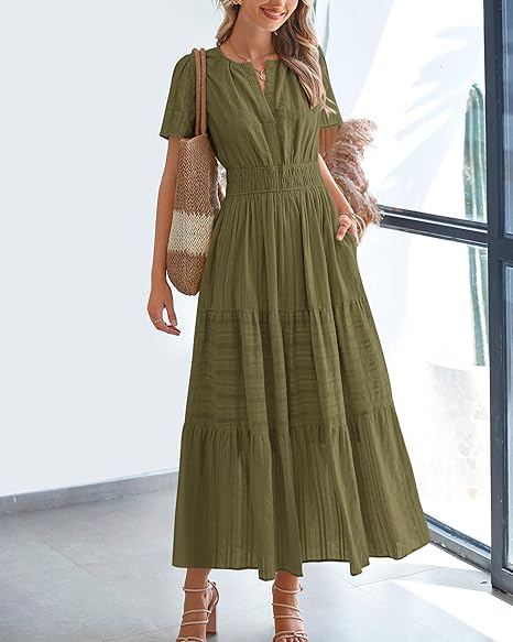 ⏰Hot Sale-Women's Lightweight Short Sleeve V Neck Elastic Waist Dresses