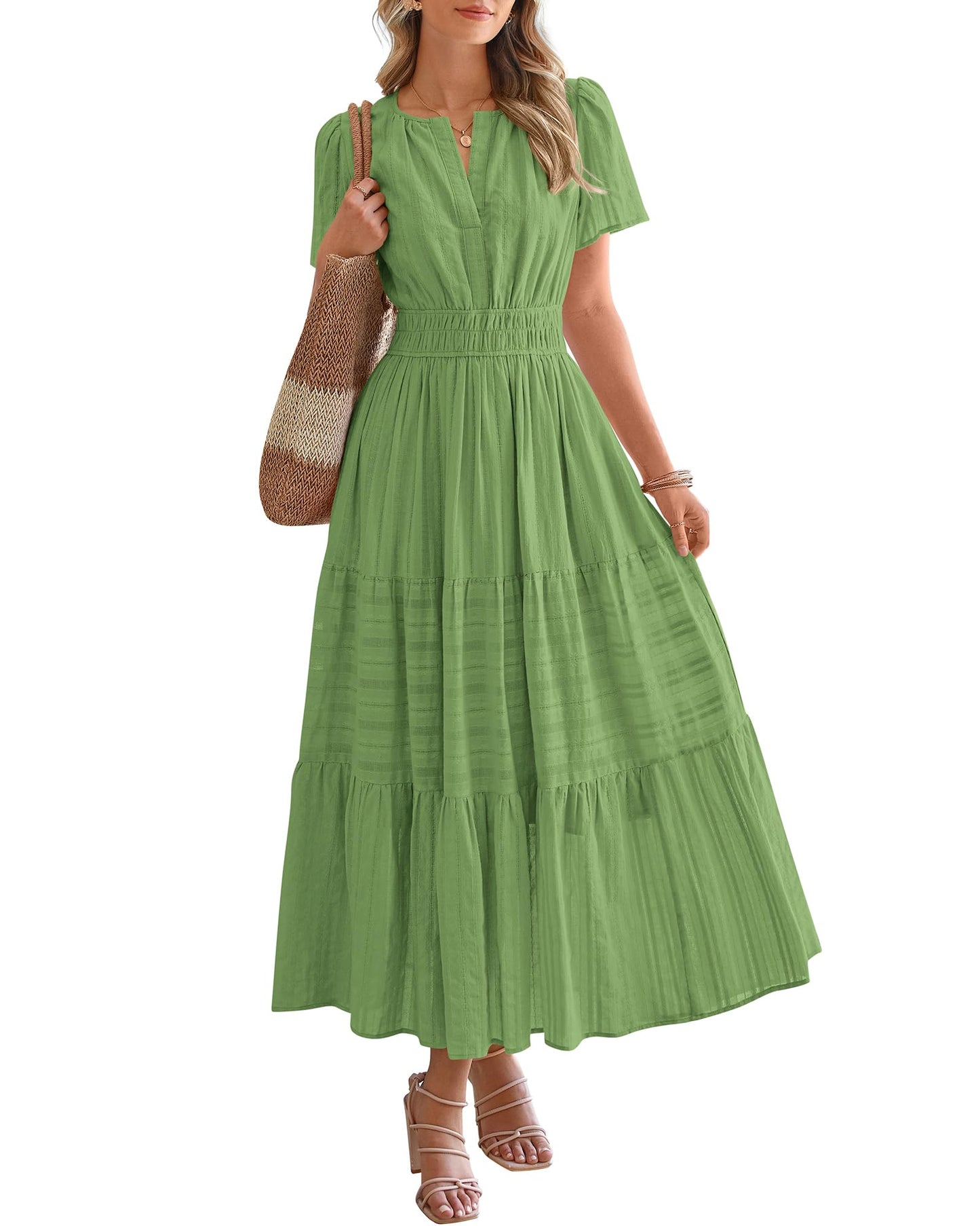 ⏰Hot Sale-Women's Lightweight Short Sleeve V Neck Elastic Waist Dresses
