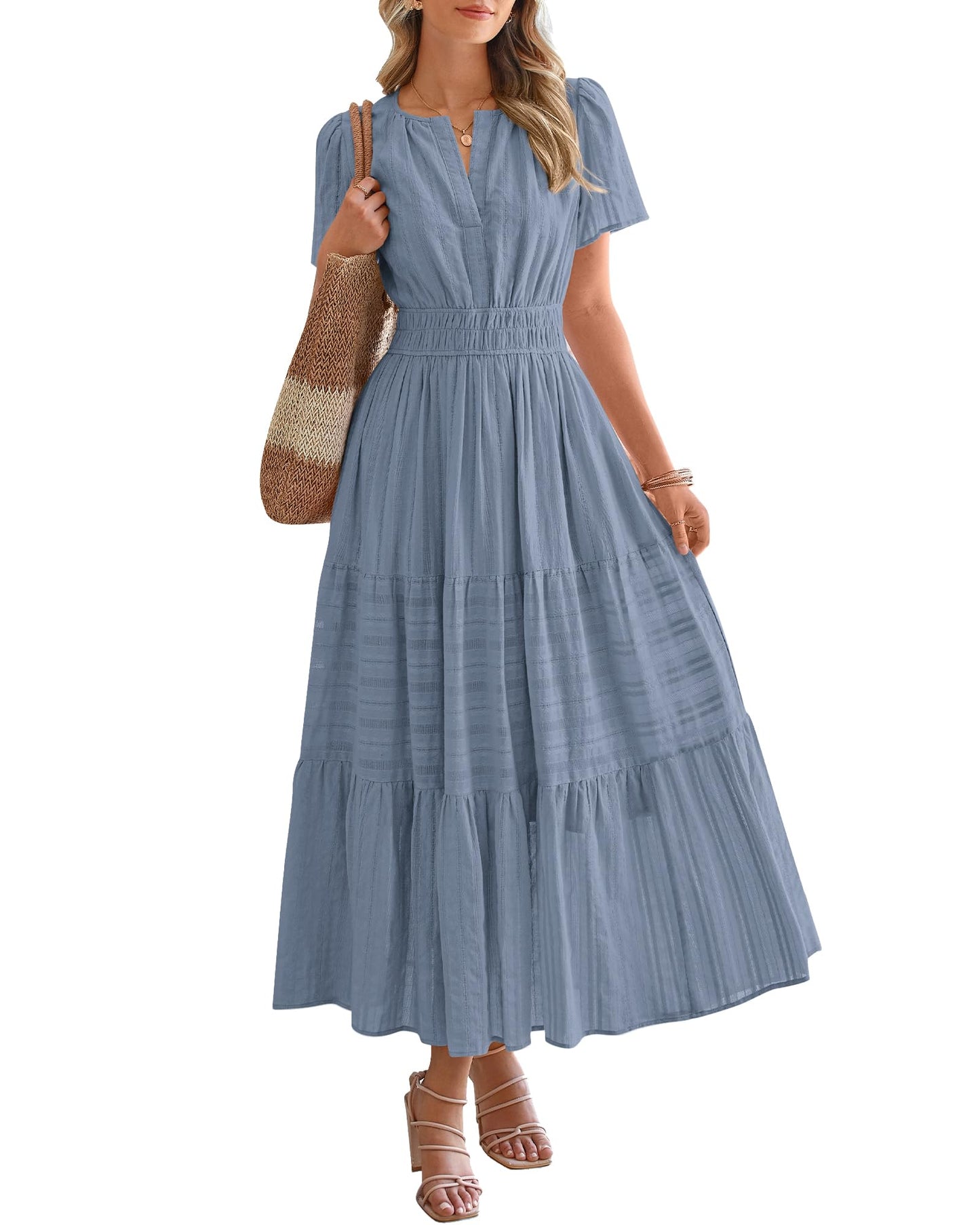 ⏰Hot Sale-Women's Lightweight Short Sleeve V Neck Elastic Waist Dresses